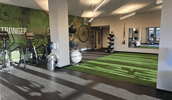 A gym with a green floor mat and a wall with a green background